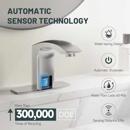 Image of Touchless Bathroom Sink Faucets, Greenspring Automatic Faucet Bathroom Commercial Motion Sensor Faucet Battery or Plug-in Powered with Control Box and Temperature Mixer, Brass, Brushed Nickel