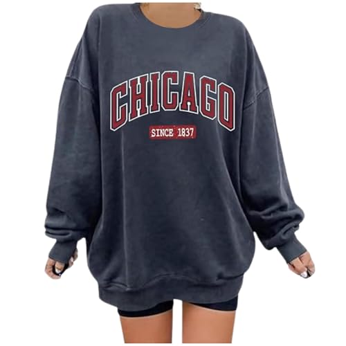 Generisch , informal, estampado de letras, cuello redondo, manga larga, sudadera para festivales, sudadera ligera, gris oscuro, XL