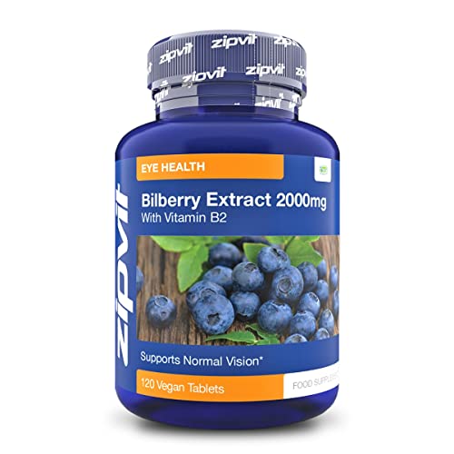 Bilberry Extract 2000mg with Added Vitamin B2, 120 Vegan Tablets. Supports Normal Vision. Vegetarian Society Approved. UK Supplier