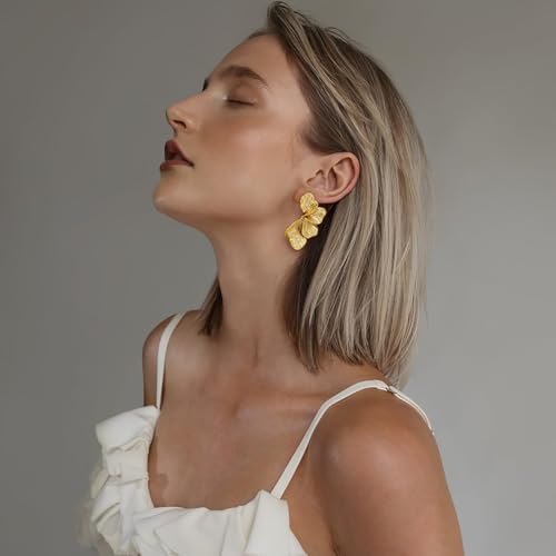 Chunky Gold Statement Earrings For Women Gold Plated Sectored Flower Leaf Shell Angel Wing Earrings Large Stud Earrings Hypoallergenic Earrings2
