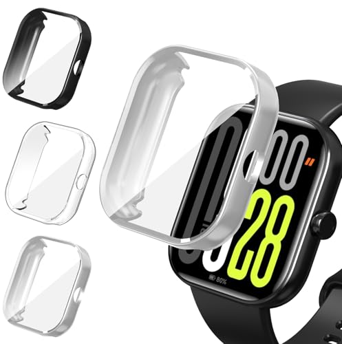 ivoler 3 Stücke Hülle mit Schutzfolie für Xiaomi Redmi Watch 5/4, Vollständige Abdeckung Stoßfest Kratzfest Schutzhülle Superdünne Weiche TPU Bildschirmschutz Hülle, Transparent + Schwarz + Silber