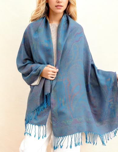 Achillea Soft Silky Reversible Paisley Pashmina Shawl Wrap Scarf w/Fringes (Tapestry Turquoise)