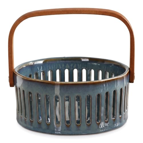 AQEQA Ceramic Berry Baskets with Wooden Handle, 6