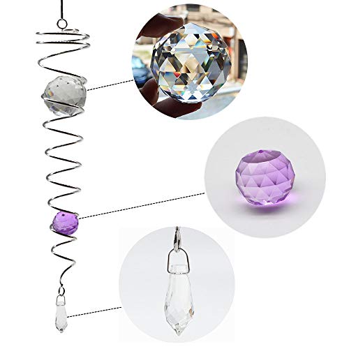 Uoudio Gazing Ball Spiral Tail Wind Spinner Stabilizegr，Indoor Outdoor Decoration Stainless Steel Crystal Glass Ball With Hanging Swivel Hook 13" Inch (Purple) #TOP1