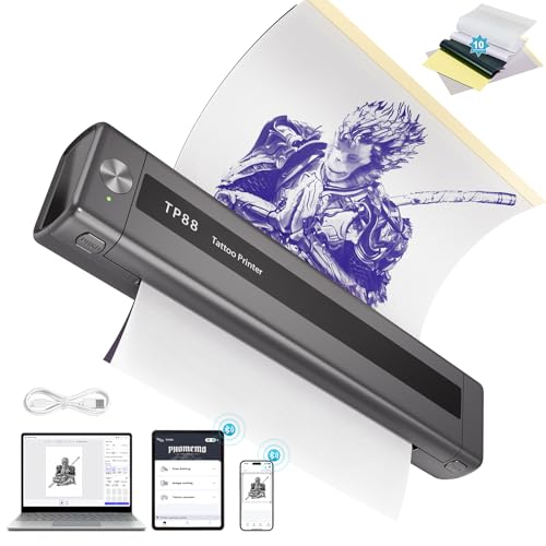 TP88 - Impresora inalámbrica de plantillas de tatuaje, máquina de transferencia térmica Bluetooth con 10 piezas de papel para teléfonos inteligentes y PC, para artistas y principiantes