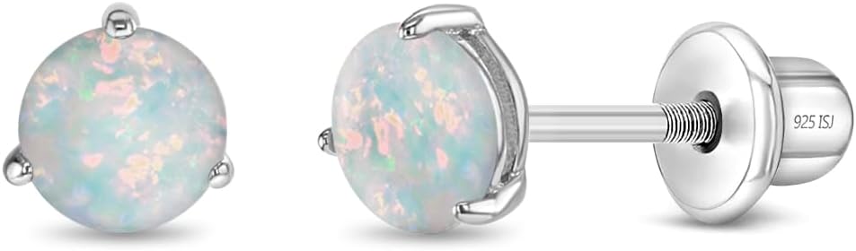925 Sterling Silver Simulated Opal Round Prong Set Safety Screw Back Earrings For Young Girls - Little Girls Shaped Glimmering Earrings - Sparkly Studs For Children