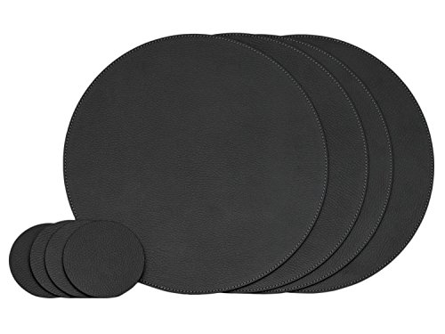 Nikalaz Lot de 4 Set de Table Rond et 4 Dessous-de-Verres, Set de Table 28 cm de diamètre et Dessous-de-Verre 10 cm, en Cuir Naturel recyclé (Noir) Cover
