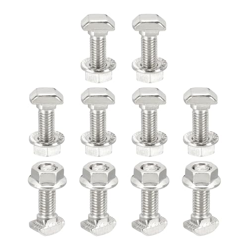 PATIKIL M5x16mm T-Slot Bolts, 10 Sets Drop-in Bolt Hammer Head with Hexagon Flange Nuts T-Bolt Stud Sliding Screw for 20 Series Aluminum Extrusion Profile, Silver