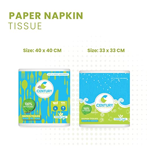 Image of Century Paper Napkins Food Safe | Made up of 100% Virgin Pulp, OBA-Free, FDA Certified and 100% Hygienic (40X40 cm, 2 Ply, Pack of 3, 150 Pulls)