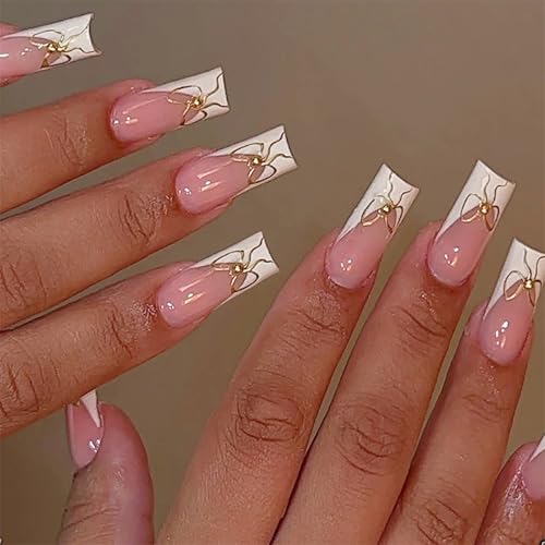 24 Uds Punta Francesa Prensa En Uñas Longitud Media Ataúd Cubiertas Completas Falsas En Artificiales