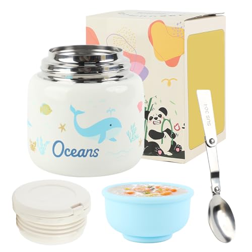 FYting Termo Comida Bebe,500 ml Termo Comida Caliente,316 de Acero Inoxidable con Tazón y Cuchara, Manija, Aislamiento y Frío para Sopa, Gachas, Helados y Yogurt (Mundo Submarino)