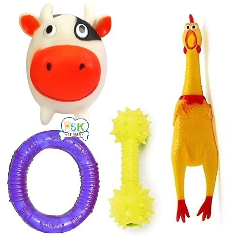 PSK PET MART Squeaky, Chew Teether Toys for Dog/Puppy - Squeaky Cow + Multicolored Ring + Squeaky Hen (M) + Ringing Bone - Combo of 4 (B09W17KW59) Amazon Price History, Amazon Price Tracker