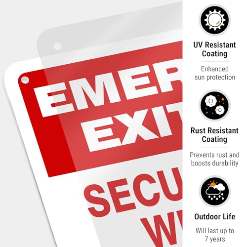 Emergency Exit Only Sign, Security Alarm Will Sound If Door Opened Sign, 10x7 Inches, Rust Free .040 Aluminum, Fade Resistant, Made in USA