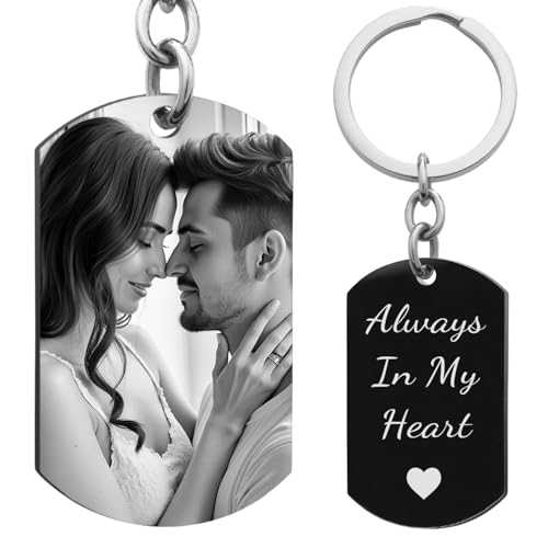 One Side Photo + One Side Text Personalized Engraved Stainless Steel Custom Dog Tag Key Chain - Handmade