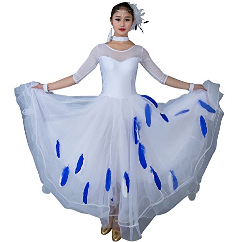 [L-night](エル‐ナイト)モダンダンス発表会用 社交 ワルツ ラテン系 羽毛飾りダンスドレス ワルツ専用スカート 社交ダンスドレス 衣装 開場ドレス ラテンワンピース(ホワイト,XL)のサムネイル