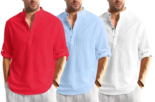 Image of Men's Cotton Blend Straight Kurta Shirt Combo with Mandarin Collar - Slim Fit Casual Short Kurti Set Featuring Textured Slub Fabric and Roll-Up Full Sleeves