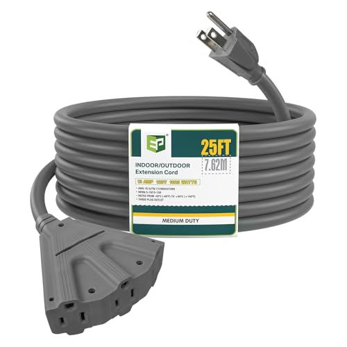 EP 25 Ft Outdoor Extension Cord 16/3 SJTW 3 Electrical Power Outlets Grey