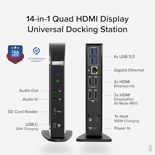 Plugable 14-in-1 USB C Docking Station | 4X HDMI Quad Dock with 100W Charging, HDMI Displays | Compatible with Windows, Thunderbolt (4X USB, 1x