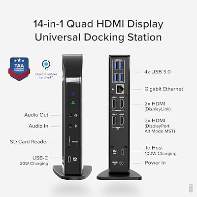 Plugable 14-in-1 USB C Docking Station | 4X HDMI Quad Dock with 100W Charging, HDMI Displays | Compatible with Windows, Thunderbolt (4X USB, 1x USB-C, Ethernet, SD Card, Audio) UD-3900C4