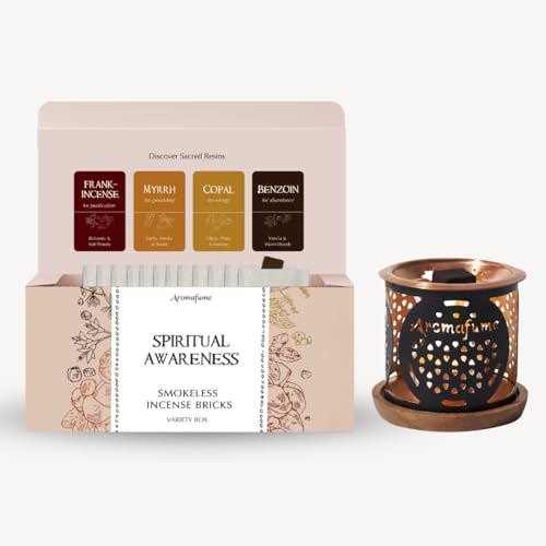 Aromafume Spiritual Awareness Incense Bricks Starter Kit with a Flower of Life Exotic Incense Diffuser (Contains 12 Bricks - 3 Frankincense, 3 Myrrha, 3 Benzoin, 3 Copal)