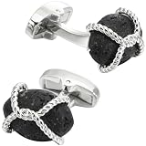 Jonwo Oval Natural Black Lava Rock Cufflinks for Men Lady Silver/Golden Men's Cufflinks Jewelry Set for Wedding Anniversary Business Party Events Tuxedo Dress Shirt (Silver)