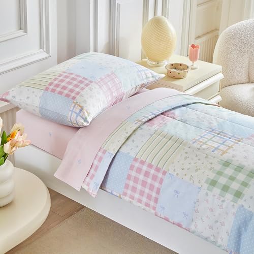 Image of Joyreap 4 Piece Cotton Toddler Bedding Set- Gingham Check Patchwork Design, Toddler Comforter Set for Girls, Includes Quilted Comforter, Fitted Sheet, Top Sheet, and Pillow Case