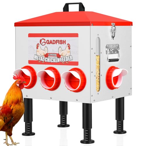 GADFISH 55 lbs Large Capacity Automatic Chicken Feeder - 8 Feeding Ports, No Waste Chicken Feeder, Height-Adjustable Legs & Secure Locking Lid for Chickens, Ducks & Poultry