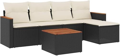 Vista 2 de 6 Piece Modular Garden Sofa Set Black PE Rattan with Cushions and Acacia Wood Coffee Table, Weather-Resistant Outdoor Furniture Set for Patio
