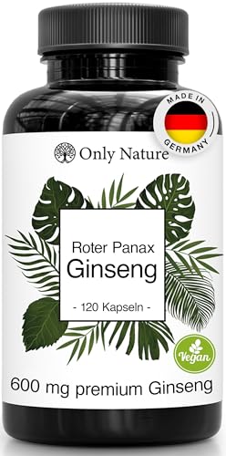 Only Nature® Ginseng 600 mg - Extra Hochdosiert (120 mg Ginsenoside) - 120 Kapseln - 100% Vegan - in Deutschland produziert & Laborgeprüft - Roter Panax Ginseng