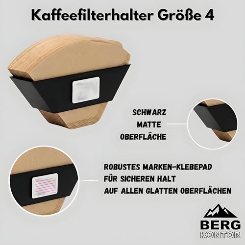 BERGKONTOR Kaffeefilterhalter Größe 4 Schwarz – Selbstklebend ohne Bohren – Filtertüten Aufbewahrung für Camping, Wand & Küchenschrank – Kaffeefilter Spender Halterung 1x4