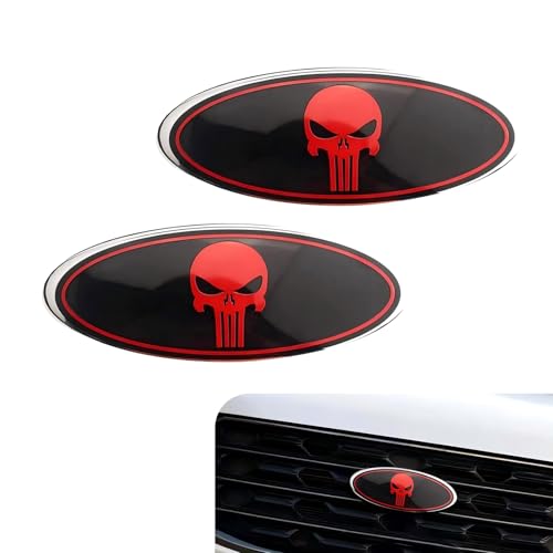Image of 2 PCS Car Grille Hood Sticker, Front Grille Skull Badge, Car Tailgate Badge, Compatible with Ford F150 F250 (Black & Red)