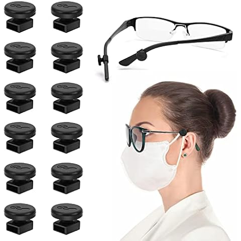 MEETI 6 Pairs Adjustable Eyeglass Hooks for Mask Holders to Protect Ears, Comfort Silicone Ear Saver for Masks Glasses, Relieve Pressure & Mask Ear Pain Strap Extenders, Black Cover