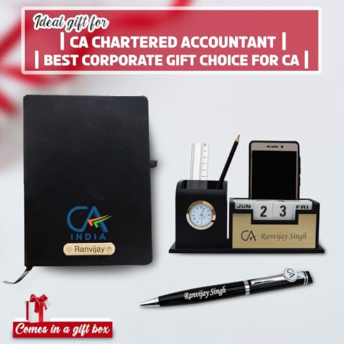Image of SAVRI Personalized CA Gift Set - Pen Stand, Engraved CA Logo Pen & Black Diary with Name | Premium Gifts for Chartered Accountants & Financial Professionals - Black