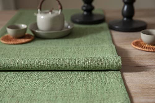 Image of ZeeMart Burlap Style Farmhouse Table Runner, 14x72 Inches Grass Green | Thick Durable Fabric, Mitered Corner Design, Rustic Woven Dining Table Runner, Machine Washable Everyday Table Scarf