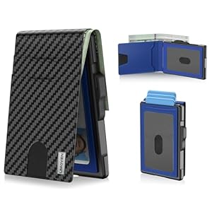 Wallet for Men – Pop Up Case, Cash Slot, and Credit Card Slot – Slim Aluminum Wallet with RFID Blocking, Minimalist Leather Wallet Front Pocket with ID Window, Gift Box (Carbon Blue)