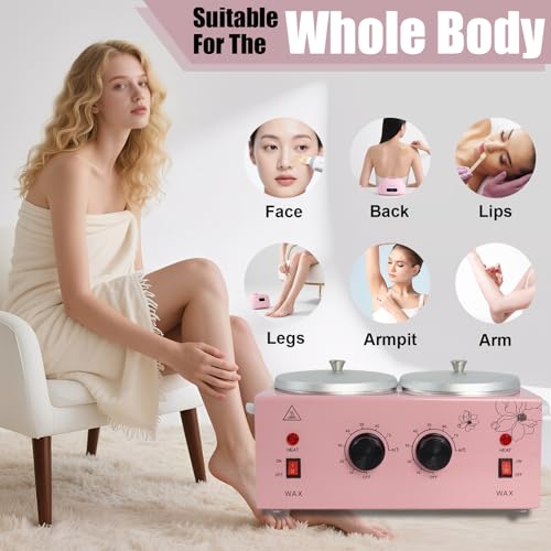 Image of Wax Warmer Double Pot, Professional Electric Heater for Facial, Body, Spa, and Salon, 1.2L Dual Adjustable Temperature with 100 Wooden Craft Sticks, Hair Removal (Pink)