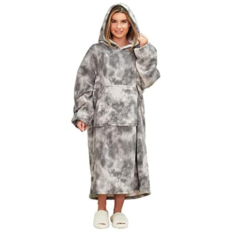 Dreamscene Extra-Long Tie Dye Oversized Hoodie Blanket Sweatshirt Soft Sherpa Fleece Throw Cosy Wearable Hooded Blanket Big Jumper - Charcoal, One Size Fits Most - Adults Teens Men Women Cover
