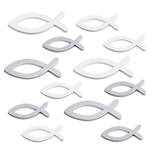 FEPITO 120 Stück Holz Fisch Deko Silber Weiß Fische Streudeko Tischdeko für Taufe, Kommunion und Konfirmation (3,5cm-5cm Gemischte）