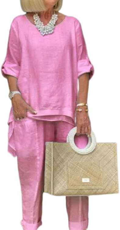 MARSVOVO Womens Plus Size Two Piece Suit Set Solid Summer Fall Soft Loose Crewneck Half Sleeve Casual Pant Suit with Pockets