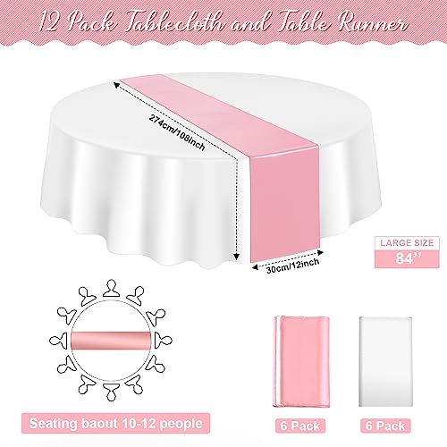 Image of 12 Pack 12x108 Inch Satin Table Runner and 84 Inch Round Plastic Tablecloths Set White and Rose Gold Disposable Round Table Cover for Graduation Wedding Shower Anniversary Birthday Party Decorations