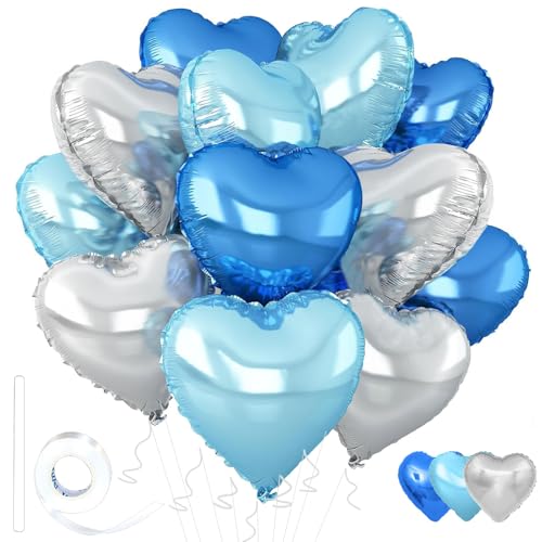 Wuhetyo Silver Heart Balloons,18inch Bright Blue Heart Shaped Foil Balloons & Blue Helium Mylar Balloon for Anniversary Wedding Engagement Birthday Party Baby Shower Decorations(12Pcs)
