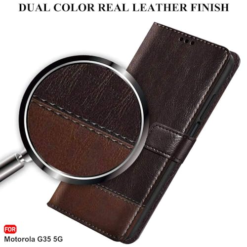Image of TheGiftKart Flip Back Cover Case for Motorola Moto G35 5G | Dual-Color Leather Finish | Inbuilt Stand & Pockets | Wallet Style Flip Back Case for Moto G35 5G (Faux Leather, Coffee & Brown)