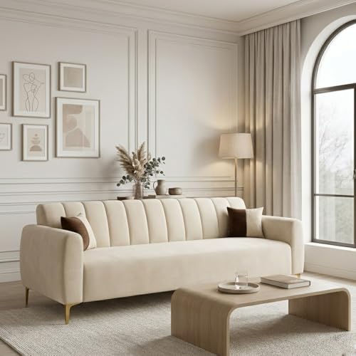 Image of Habibi Rich Velvet Suede 3 Seater Sofa Set | Spacious Soft Touch Comfort Seating | Modern Sofa for Living Room (Cream)