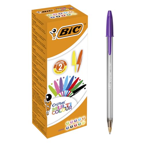 BIC Cristal Multicolour Stylos-Bille Pointe Large (1,6 mm) - Écriture Vive et Colorée - Couleurs Assorties, Boîte de 20