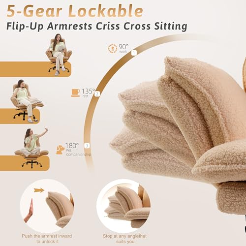 Image of Wider Seat Office Chair with Flip Armrests for Criss Cross Legged&Cats, Big and Tall Executive Ergonomic Reclining Chair with Footrest&Lumbar Pillow, Teddy Fleece Desk Chair, Brown Vanity Chair