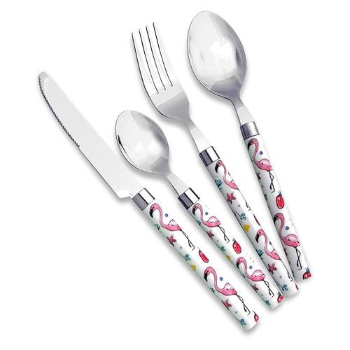 Lebrun Cubiertos FLAMANTE ROSA - Vajilla para 6 personas - Cubertería de 24 piezas - 6 tenedores, 6 cuchillos de mesa, 6 cucharadas, 6 cucharaditas, diseño flamenco rosa - Marca francesa