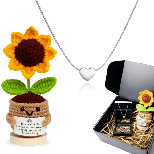Kit Presente Feminino Colar Prata em Aço Inox Pingente de Coração + Porta Joias em Caixa Luxo Elegante + Girassol em Crochê Crochet Pronto Presentear Delicado Aniversário Dia das Mães Natal Namorados