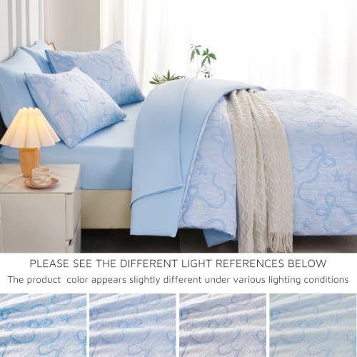 Image of PERFEMET Full Bedding Set for Girls Light Blue, 5 Pieces Aesthetic Embossed Bow Comforter Set with Sheets, Soft All Season Cute Bowknot Jacquard Bed in a Bag Women Boho Bedroom Decor