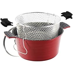 Cacerola Freidora ROSSETTO Sarten freidora con cestillo extraíble y tapa de cristal,Aluminio fundido con recubrimiento antiadherente,Rojo-24cm,apto para lavavajillas y todos tipos de Cocinas Incluso Induccion