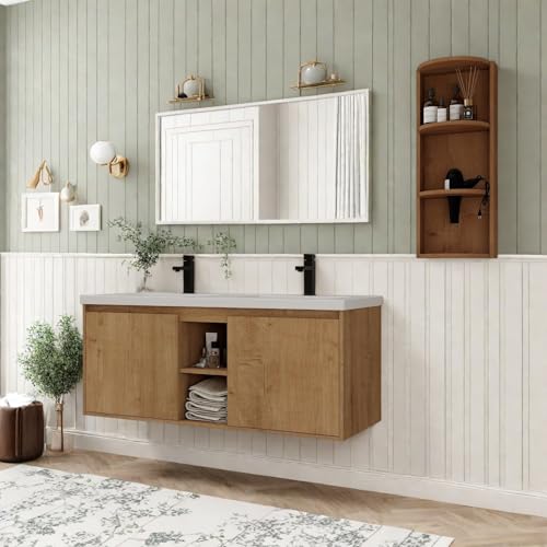 Image of Floating Bathroom Vanity, 48 inch Bathroom Storage Cabinet with Double Resin Sinks, 2 Soft-Close Doors & 2 Open Storage Shelves, Wall-Mounted Vanity with Extra Three-Layer Spacious Shelves, Oak